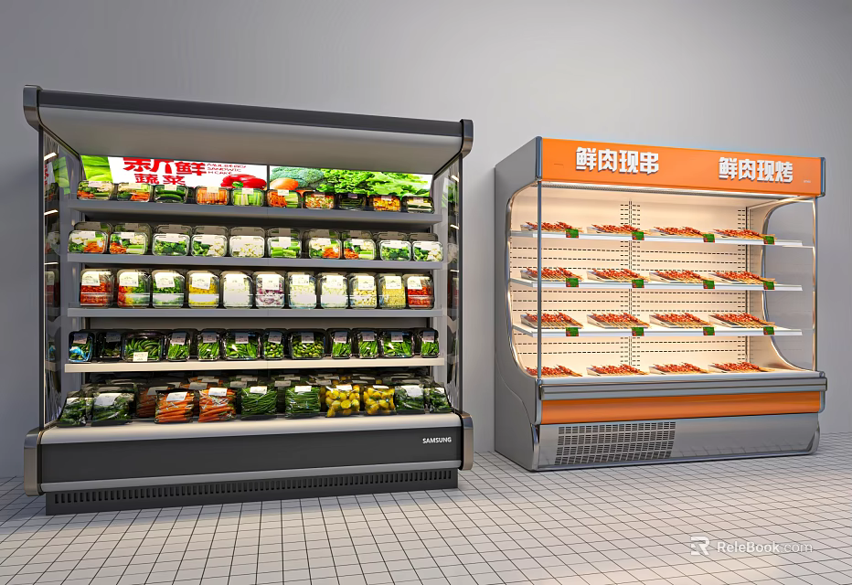 Commercial Display Freezers with Fresh Vegetables Meat and Bottled Goods in Retail Store 3d model 