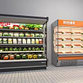 Commercial Display Freezers with Fresh Vegetables Meat and Bottled Goods in Retail Store