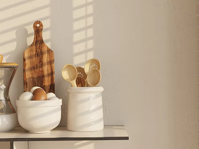 Sunlit Kitchen Utensils Display With Wooden Cutting Board Spoons And Ceramic Bowls Jars On Shelf 3d model