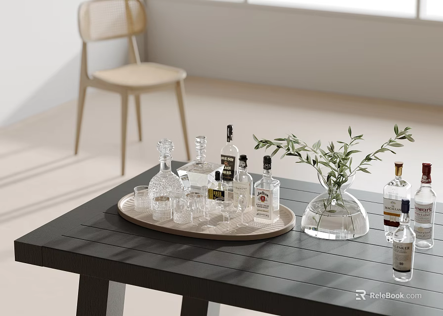 Stylish Wine Bottles And Glassware On Table 3d model 