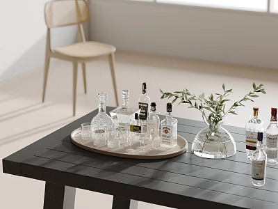 Stylish Wine Bottles And Glassware On Table 3d model