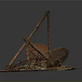 Rusted Metal Crane Arm With Coiled Ropes Wooden Planks On Mossy Ground
