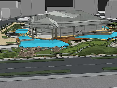 Modern Cultural Center Building with Water Pool and Green Lawn Landscape 3d model