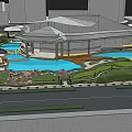 Modern Cultural Center Building with Water Pool and Green Lawn Landscape