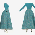 Blue Traditional Dress With Gold Patterns Long Sleeves And Neckline Cuff Details