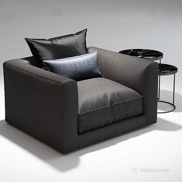 Gray Single Sofa With Black Cushions And Modern Black Round Side Tables 3d model