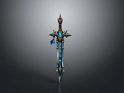 Ornate Fantasy Sword Design With Blue Gems And Golden Decorations 3d model