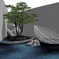 Transparent Leaf Shaped Landscape Sculpture With Tree Water Reflection And White Wall Background 3d model