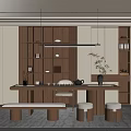 Serene Tea Room Interior With Wooden Shelves Long Wooden Table Low Stools And Tea Sets