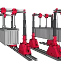 Red Industrial Equipment With Multiple Arms And Rail Tracks Handling Gray Containers