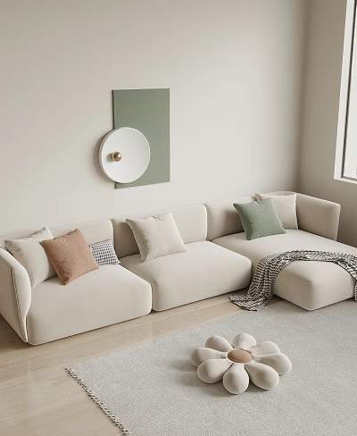 Beige Sectional Sofa with Colorful Cushions Throw Blanket and Modern Wall Art in Minimalist Interior 3d model