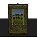 Ornate Decorative Frame With Vineyard Landscape Artwork And Grapevine Accents
