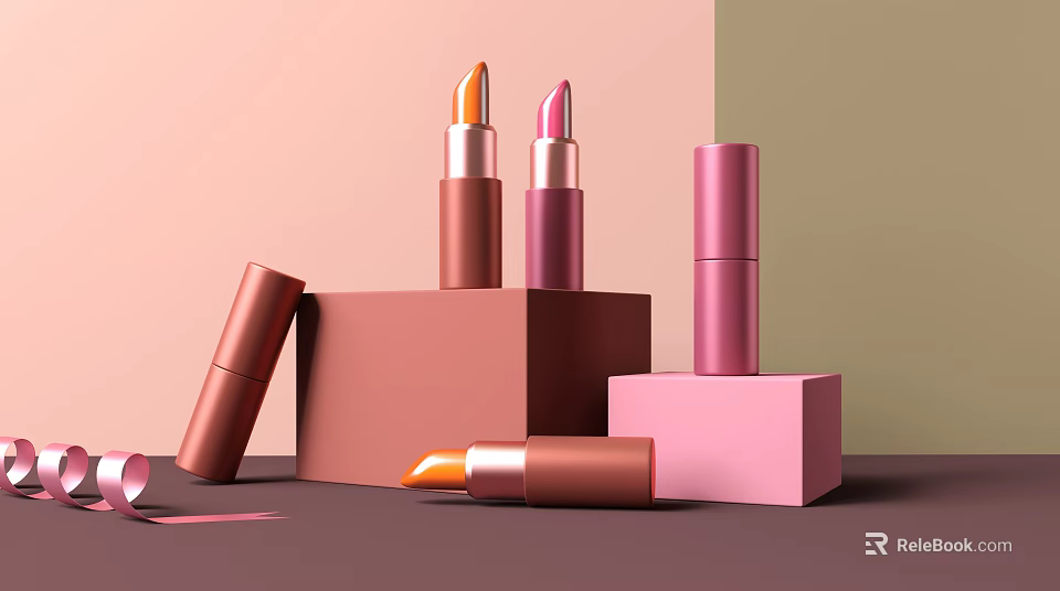 Colorful Cosmetic Lipsticks On Cube Bases With Standing And Lying Pastel Pink Light Green Background 3d model 