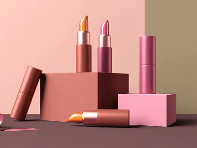 Colorful Cosmetic Lipsticks On Cube Bases With Standing And Lying Pastel Pink Light Green Background 3d model