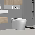 Modern White Toilet In Sleek Bathroom Interior With Wooden Vanity Gray Walls And Shower Area