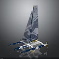 Innovative Blue And White Sailing Water Vessel With Graphic Sail And Multi Hull Design