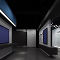 Modern Exhibition Hall With M Shaped LED Light Strips And World Map Wall Displays