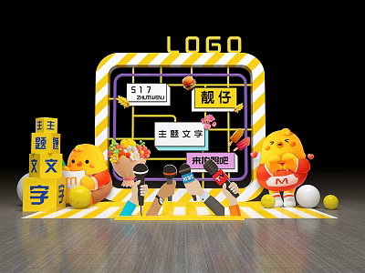 Vibrant Decorative Display With Cartoon Characters Theme Text LOGO And Welcome Elements 3d model