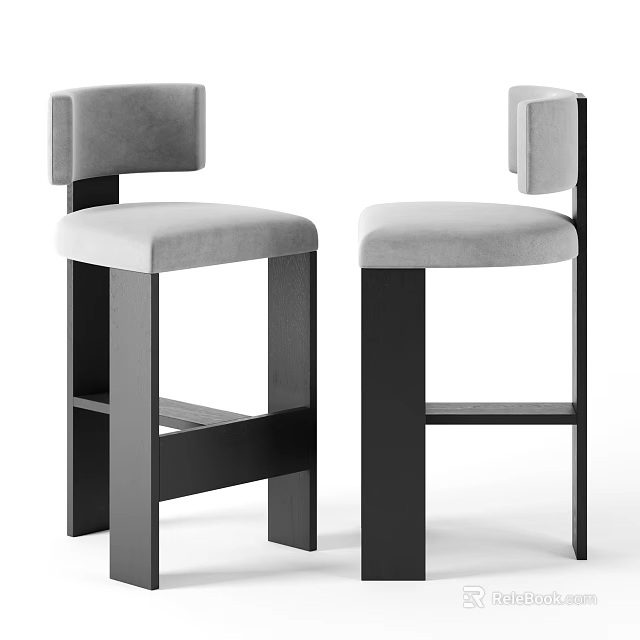 Modern Bar Stools With Grey Upholstered Seat Backrest And Black Frame Design 3d model 