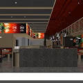 Modern Restaurant Interior With Wooden Ceiling Pendant Lights Tables Chairs And Colorful Wall Decor