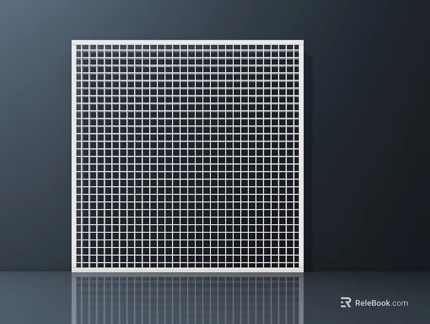 Air Conditioner Vent Square Shape White Frame Black Grid On Dark Wall With Reflective Floor 3d model 
