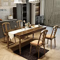 Vintage Solid Wood Dining Table Set With Four Padded Chairs For Cozy Home Dining Area
