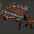 Rustic Wooden Table Set with Blue Metal Straps Rivets and Matching Stool 3d model
