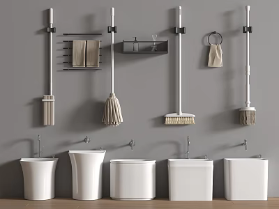 Bathroom Cleaning Tools With Wall Mounted Mops Racks And White Bidets 3d model