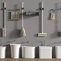 Bathroom Cleaning Tools With Wall Mounted Mops Racks And White Bidets 3d model