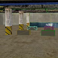Cartoon Indoor Scene With Pillars Yellow Black Striped Bases Yellow Floor Gray Blocks Blue Area