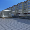 Modern Public Corridor With Marble Walls Large Screens Ceiling Design Floor Pattern And Handrails