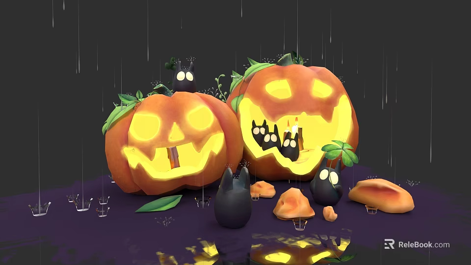 Plant Painting Featuring Pumpkin Lanterns Smiling Faces Small Mushrooms Black Creatures And Raindrops 3d model 