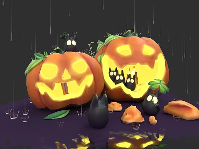Plant Painting Featuring Pumpkin Lanterns Smiling Faces Small Mushrooms Black Creatures And Raindrops 3d model