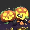 Plant Painting Featuring Pumpkin Lanterns Smiling Faces Small Mushrooms Black Creatures And Raindrops
