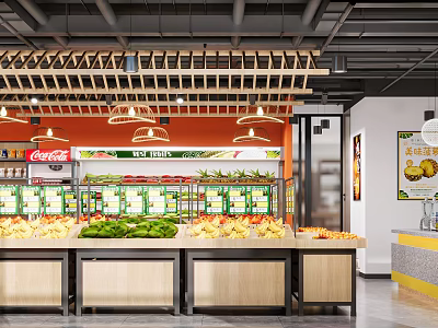 Modern Fruit Store Interior With Fresh Fruits And Wooden Shelves 3d model