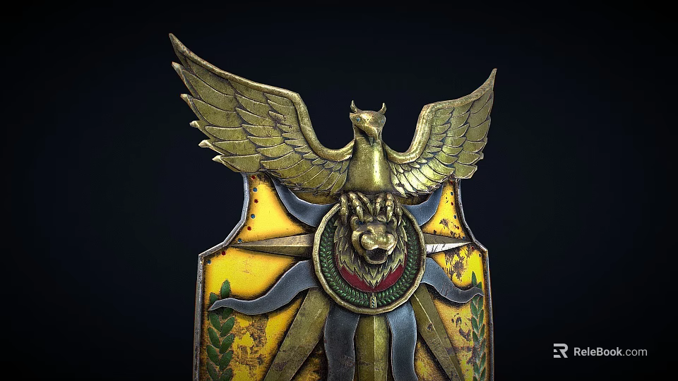 Ornate Metallic Shield With Golden Eagle Wings Lion Head Center And Yellow Star Pattern 3d model 
