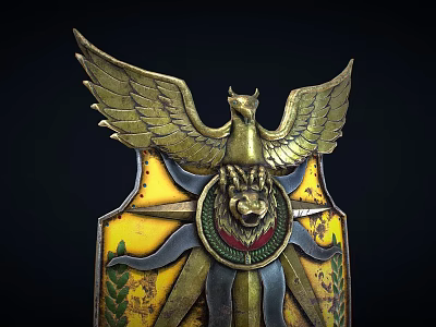 Ornate Metallic Shield With Golden Eagle Wings Lion Head Center And Yellow Star Pattern 3d model