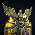 Ornate Metallic Shield With Golden Eagle Wings Lion Head Center And Yellow Star Pattern