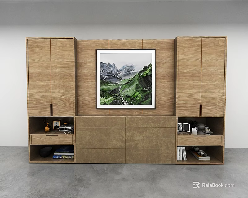 Modern Wooden Wall Cabinets Design With Central Artwork And Storage Compartments 3d model 