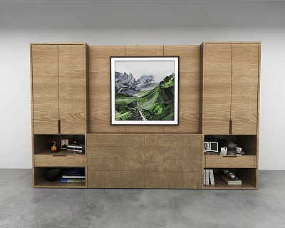Modern Wooden Wall Cabinets Design With Central Artwork And Storage Compartments 3d model