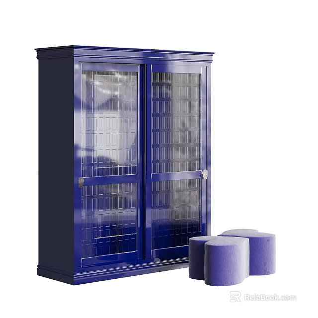 Tall Blue Storage Cabinet With Glass Doors And Three Purple Round Ottomans 3d model 