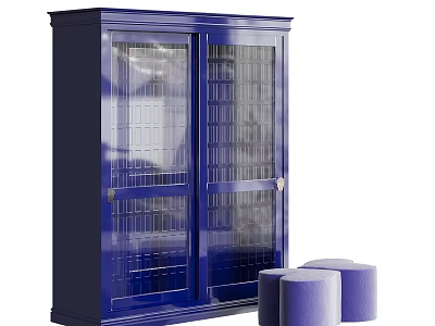 Tall Blue Storage Cabinet With Glass Doors And Three Purple Round Ottomans 3d model