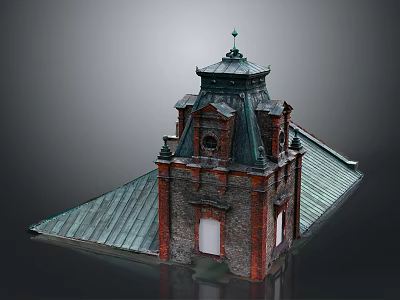 Cartoon Scene Of Red Brick Tower With Green Copper Roof And Decorative Windows 3d model
