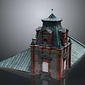 Cartoon Scene Of Red Brick Tower With Green Copper Roof And Decorative Windows