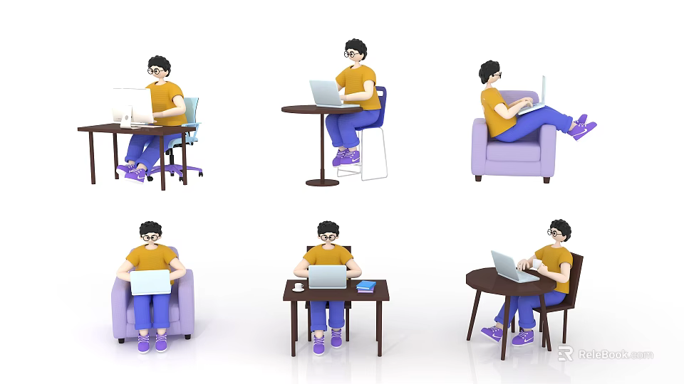 Person Using Laptop In Various Home Settings With Different Seating Positions 3d model 