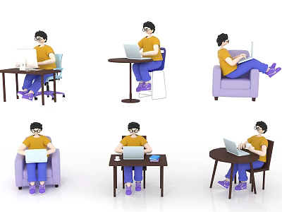 Person Using Laptop In Various Home Settings With Different Seating Positions 3d model