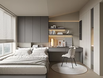 Modern Tatami Bedroom Bed Wardrobe Table Lamp Curtain Carpet Pillow 3d model