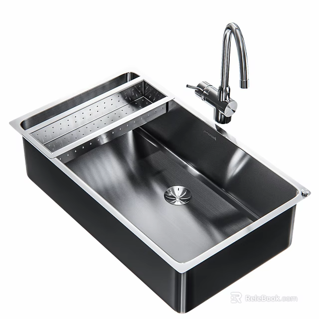 Stainless Steel Kitchen Sink With Drainer Rack And Modern Faucet Design 3d model 