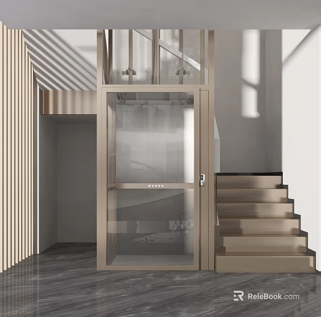 Transparent Elevator in Modern Home Interior with Glass Door and Staircase 3d model 