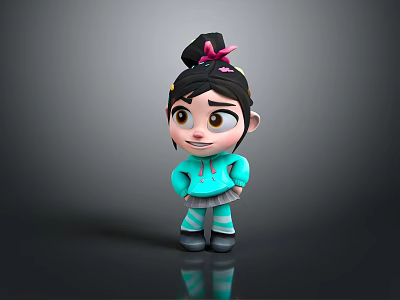 Cartoon Girl Character with Black Hair Bun Pink Bow Teal Hoodie and Striped Pants 3d model